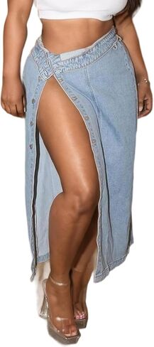 Tbahhir Womens High Slit Denim Skirt Button Down Vintage Jean Skirts Long Washed Clubwear Blue in Saudi Arabia