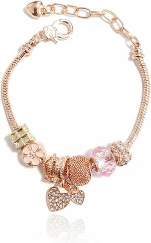 ROSTIVO Pink Charm Bracelet for Women – Rose Gold Snake Chain Heart Bead Bracelet, Romantic Jewelry Gift for Valentine’s Day & Anniversaries in Saudi Arabia