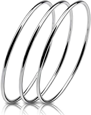 Solid 925 Sterling Silver 2mm Polished Circle Bangles, Minimalist Three-Ring Bracelet for Stacking, 7.5" 8" 8.5" for Women in Saudi Arabia