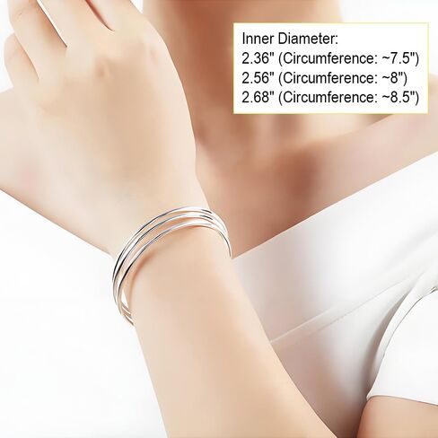 Solid 925 Sterling Silver 2mm Polished Circle Bangles, Minimalist Three-Ring Bracelet for Stacking, 7.5" 8" 8.5" for Women in Saudi Arabia