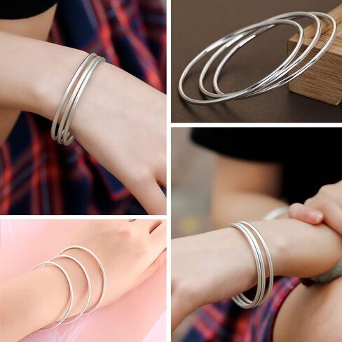 Solid 925 Sterling Silver 2mm Polished Circle Bangles, Minimalist Three-Ring Bracelet for Stacking, 7.5" 8" 8.5" for Women in Saudi Arabia