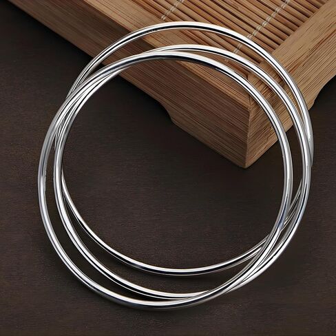 Solid 925 Sterling Silver 2mm Polished Circle Bangles, Minimalist Three-Ring Bracelet for Stacking, 7.5" 8" 8.5" for Women in Saudi Arabia