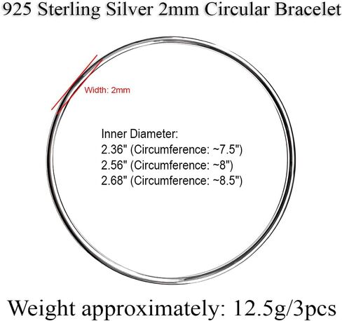 Solid 925 Sterling Silver 2mm Polished Circle Bangles, Minimalist Three-Ring Bracelet for Stacking, 7.5" 8" 8.5" for Women in Saudi Arabia