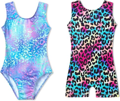 ملابس دوموسجو للفتيات الجمباز مقاس 5-6 سنوات من العمر أرجواني سباركلي بدون أكمام، زي برو جيم قوس قزح ليوبارد بيكتارد مع شورت للأطفال لحفلات الجاز in Kuwait