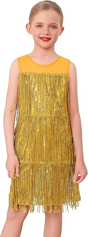IDOPIP Kids Girls 1920s Flapper Dress Tassels Sequins Fringe Latin Dance Dress Gatsby Halloween Party Ballroom Dance Costumes in Saudi Arabia