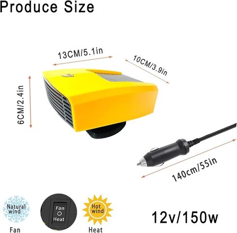 سخان 12 فولت للسيارة، 150 وات، مروحة تبريد سريعة التسخين، مزيل الضباب ومزيل الصقيع، دوران 360 درجة، سخان سيارة محمول يمكن توصيله بولاعة السجائر، حرارة هواء صغيرة 202515 in Kuwait
