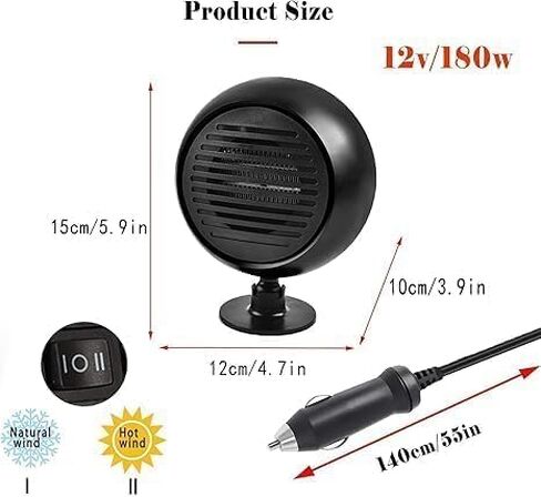 سخان 12 فولت للسيارة، 150 وات، مروحة تبريد سريعة التسخين، مزيل الضباب ومزيل الصقيع، دوران 360 درجة، سخان سيارة محمول يمكن توصيله بولاعة السجائر، حرارة هواء صغيرة 250005 in Kuwait