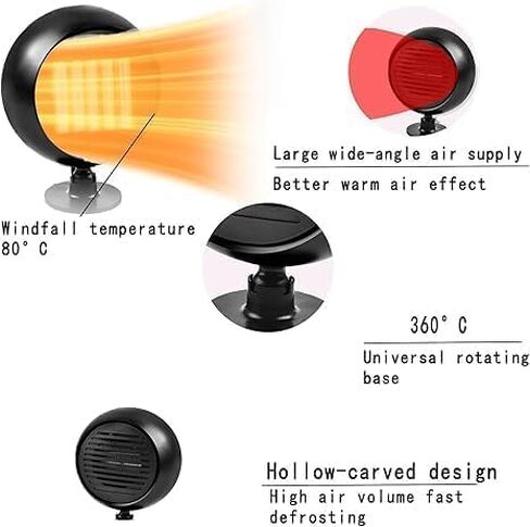 سخان 12 فولت للسيارة، 150 وات، مروحة تبريد سريعة التسخين، مزيل الضباب ومزيل الصقيع، دوران 360 درجة، سخان سيارة محمول يمكن توصيله بولاعة السجائر، حرارة هواء صغيرة 250005 in Kuwait