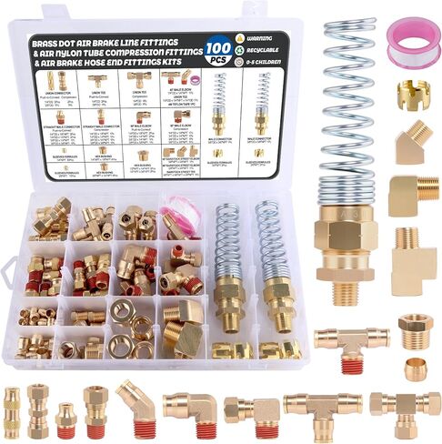 100 Pcs Brass DOT Air Brake Line Fittings & Air Nylon Tube Compression Fittings & Air Brake Hose End Fittings Assortment Kits,Air Hose Fittings 1/4" 1/8" 3/8" 1/2" NPT in Saudi Arabia