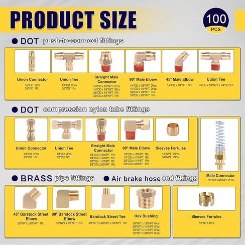 100 Pcs Brass DOT Air Brake Line Fittings & Air Nylon Tube Compression Fittings & Air Brake Hose End Fittings Assortment Kits,Air Hose Fittings 1/4" 1/8" 3/8" 1/2" NPT in Saudi Arabia