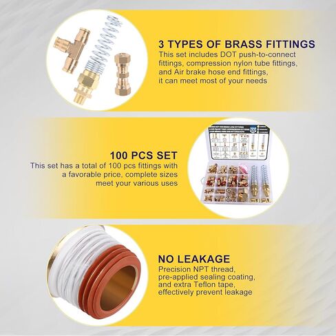100 Pcs Brass DOT Air Brake Line Fittings & Air Nylon Tube Compression Fittings & Air Brake Hose End Fittings Assortment Kits,Air Hose Fittings 1/4" 1/8" 3/8" 1/2" NPT in Saudi Arabia