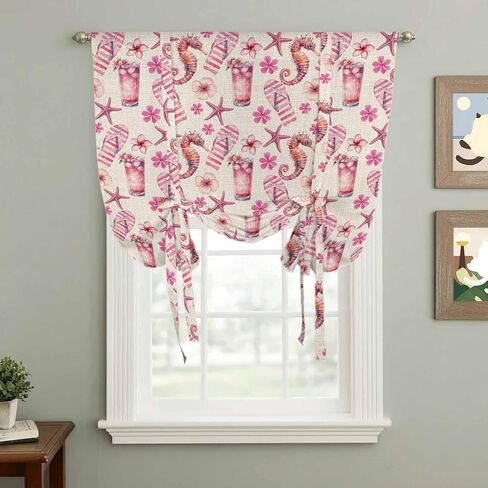 Pink Floral Seahorse Tie Up Curtains for Window, Starfish Slipper Linen Vintage Thermal Insulated Balloon Shade Adjustable Rod Pocket Curtains Valance Panels for Kitchen Bathroom Café 46'' x 63'' in Saudi Arabia