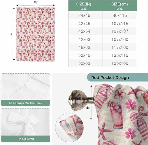 Pink Floral Seahorse Tie Up Curtains for Window, Starfish Slipper Linen Vintage Thermal Insulated Balloon Shade Adjustable Rod Pocket Curtains Valance Panels for Kitchen Bathroom Café 46'' x 63'' in Saudi Arabia
