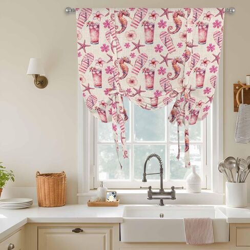 Pink Floral Seahorse Tie Up Curtains for Window, Starfish Slipper Linen Vintage Thermal Insulated Balloon Shade Adjustable Rod Pocket Curtains Valance Panels for Kitchen Bathroom Café 46'' x 63'' in Saudi Arabia