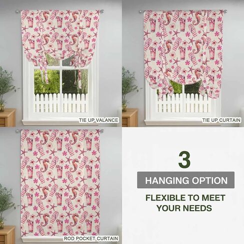 Pink Floral Seahorse Tie Up Curtains for Window, Starfish Slipper Linen Vintage Thermal Insulated Balloon Shade Adjustable Rod Pocket Curtains Valance Panels for Kitchen Bathroom Café 46'' x 63'' in Saudi Arabia