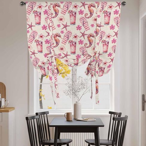 Pink Floral Seahorse Tie Up Curtains for Window, Starfish Slipper Linen Vintage Thermal Insulated Balloon Shade Adjustable Rod Pocket Curtains Valance Panels for Kitchen Bathroom Café 46'' x 63'' in Saudi Arabia