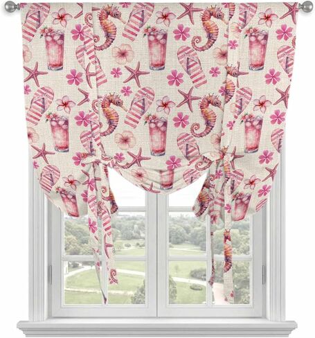 Pink Floral Seahorse Tie Up Curtains for Window, Starfish Slipper Linen Vintage Thermal Insulated Balloon Shade Adjustable Rod Pocket Curtains Valance Panels for Kitchen Bathroom Café 46'' x 63'' in Saudi Arabia
