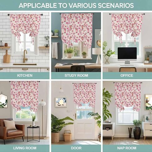 Pink Floral Seahorse Tie Up Curtains for Window, Starfish Slipper Linen Vintage Thermal Insulated Balloon Shade Adjustable Rod Pocket Curtains Valance Panels for Kitchen Bathroom Café 46'' x 63'' in Saudi Arabia