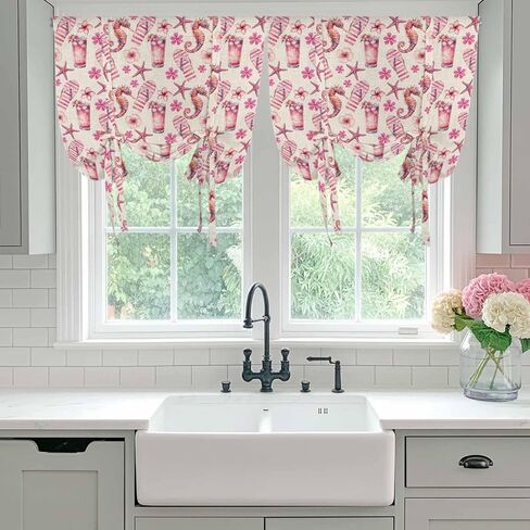 Pink Floral Seahorse Tie Up Curtains for Window, Starfish Slipper Linen Vintage Thermal Insulated Balloon Shade Adjustable Rod Pocket Curtains Valance Panels for Kitchen Bathroom Café 46'' x 63'' in Saudi Arabia