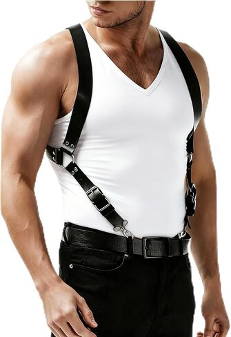 Men's Harness Belt Outfits, Adjustable Faux Leather Buckle Shoulder Armors Harness Straps, Steampunk Shoulder Belts Wedding Punk Suspenders for Nightclub Cosplay Party Rave Costumes in Saudi Arabia