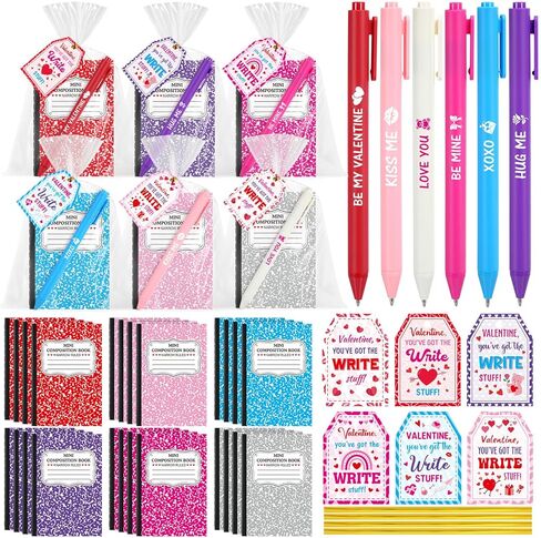 Pajean 96 Pcs Valentine's Day Stationery Set 24 Valentine's Day Notebooks with 24 Pens 24 Cards 24 Gifts Bags for Home Valentines Exchange Gifts School Classroom Office Party Favors Supplies in Saudi Arabia