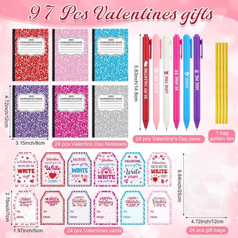 Pajean 96 Pcs Valentine's Day Stationery Set 24 Valentine's Day Notebooks with 24 Pens 24 Cards 24 Gifts Bags for Home Valentines Exchange Gifts School Classroom Office Party Favors Supplies in Saudi Arabia
