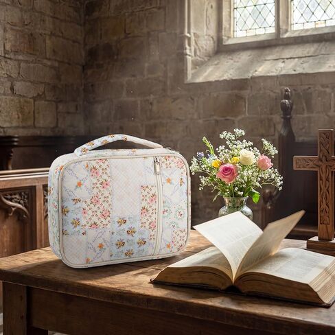 حافظة غطاء الكتاب المقدس للنساء، غطاء الكتاب المقدس مبطن مع زهرة مقسمة، حقيبة الكتاب المقدس للفتيات مع مقبض (زهور ملونة) in Kuwait