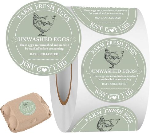 500 قطعة من ملصقات كرتون البيض مقاس 2 بوصة لبيض المزرعة الطازج غير المغسول مع تاريخ التجميع، ملصقات تغليف ذاتية اللصق للدجاج in Kuwait