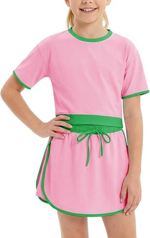 WISREMT Girls Short Sleeve T-Shirt and Skirt Set, 2 Piece Summer Outfits Kids Teens Top Shorts Clothing Set, Sport Tracksuits in Kuwait