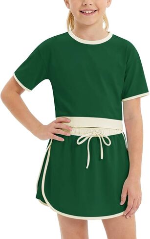 WISREMT Girls Short Sleeve T-Shirt and Skirt Set, 2 Piece Summer Outfits Kids Teens Top Shorts Clothing Set, Sport Tracksuits in Saudi Arabia
