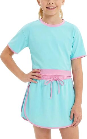 WISREMT Girls Short Sleeve T-Shirt and Skirt Set, 2 Piece Summer Outfits Kids Teens Top Shorts Clothing Set, Sport Tracksuits in Saudi Arabia