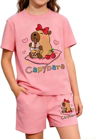 Girls Summer Clothes Cute Capybara Print & Cherry Bow Short Sleeve Shorts Set Tween Girl Outfits Size 6-12 in Saudi Arabia