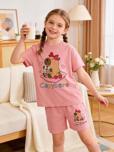 Girls Summer Clothes Cute Capybara Print & Cherry Bow Short Sleeve Shorts Set Tween Girl Outfits Size 6-12 in Saudi Arabia