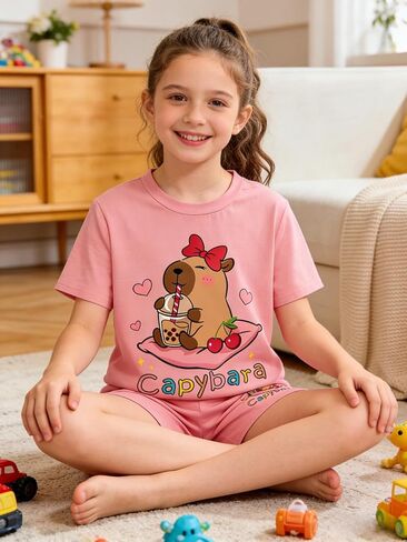 Girls Summer Clothes Cute Capybara Print & Cherry Bow Short Sleeve Shorts Set Tween Girl Outfits Size 6-12 in Saudi Arabia