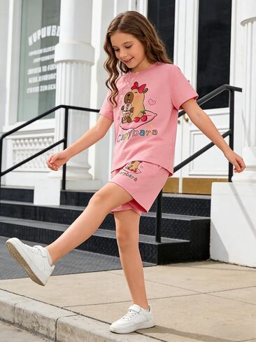 Girls Summer Clothes Cute Capybara Print & Cherry Bow Short Sleeve Shorts Set Tween Girl Outfits Size 6-12 in Saudi Arabia