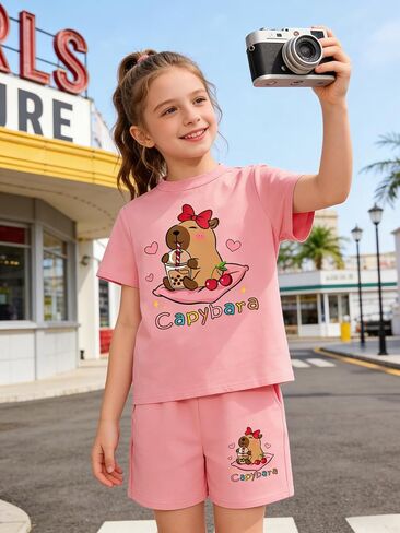 Girls Summer Clothes Cute Capybara Print & Cherry Bow Short Sleeve Shorts Set Tween Girl Outfits Size 6-12 in Saudi Arabia