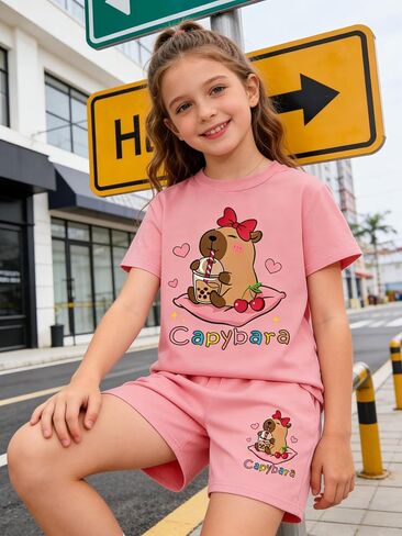 Girls Summer Clothes Cute Capybara Print & Cherry Bow Short Sleeve Shorts Set Tween Girl Outfits Size 6-12 in Saudi Arabia