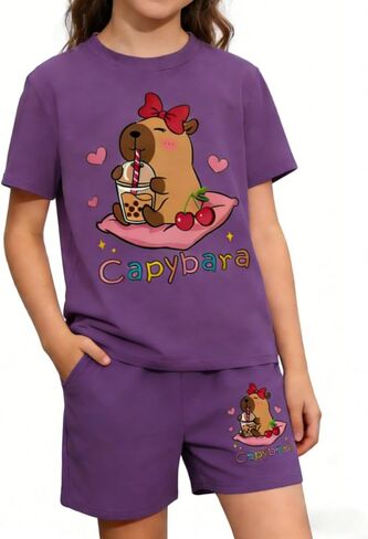 Girls Summer Clothes Cute Capybara Print & Cherry Bow Short Sleeve Shorts Set Tween Girl Outfits Size 6-12 in Saudi Arabia