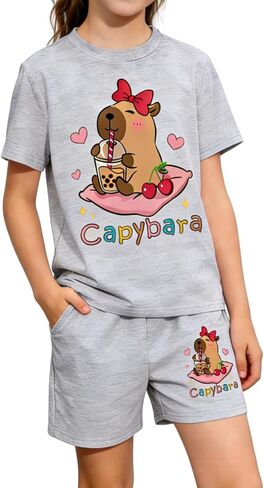 Girls Summer Clothes Cute Capybara Print & Cherry Bow Short Sleeve Shorts Set Tween Girl Outfits Size 6-12 in Saudi Arabia