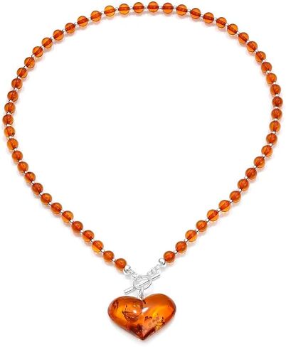 Cognac Baltic Amber Beaded Necklace – Puffy Honey Heart Pendant & Sterling Silver Toggle Closure in Saudi Arabia
