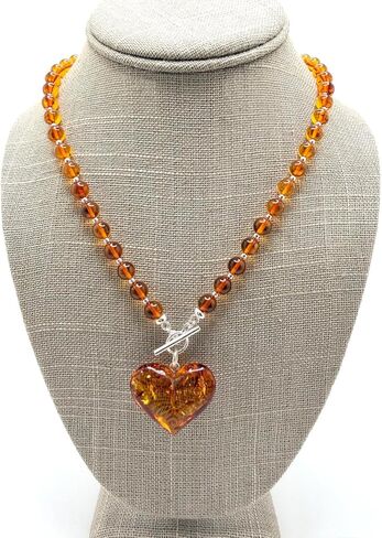 Cognac Baltic Amber Beaded Necklace – Puffy Honey Heart Pendant & Sterling Silver Toggle Closure in Saudi Arabia