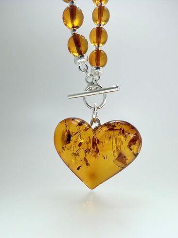 Cognac Baltic Amber Beaded Necklace – Puffy Honey Heart Pendant & Sterling Silver Toggle Closure in Saudi Arabia