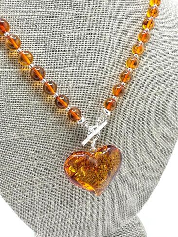 Cognac Baltic Amber Beaded Necklace – Puffy Honey Heart Pendant & Sterling Silver Toggle Closure in Saudi Arabia