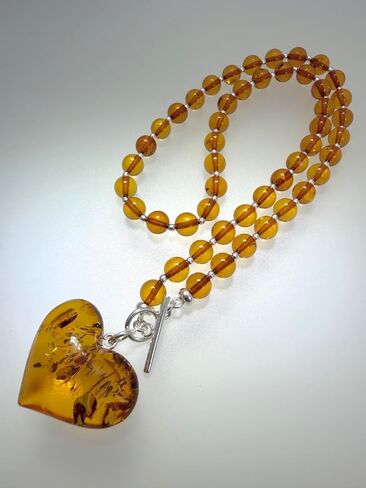 Cognac Baltic Amber Beaded Necklace – Puffy Honey Heart Pendant & Sterling Silver Toggle Closure in Saudi Arabia