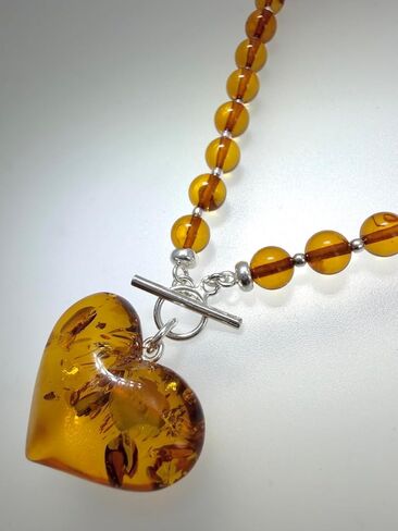 Cognac Baltic Amber Beaded Necklace – Puffy Honey Heart Pendant & Sterling Silver Toggle Closure in Saudi Arabia