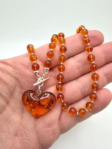 Cognac Baltic Amber Beaded Necklace – Puffy Honey Heart Pendant & Sterling Silver Toggle Closure in Saudi Arabia