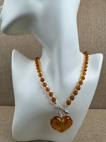 Cognac Baltic Amber Beaded Necklace – Puffy Honey Heart Pendant & Sterling Silver Toggle Closure in Saudi Arabia