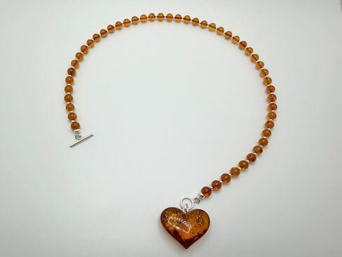 Cognac Baltic Amber Beaded Necklace – Puffy Honey Heart Pendant & Sterling Silver Toggle Closure in Saudi Arabia