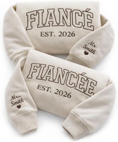 Custom Embroidered Sweatshirt for Fiance and Fiancee, Embroidery Customized Gifts for Mr and Mrs, Engaged Sweatshirt Gifts for Couple, Wedding Present with text on Sleeve in Saudi Arabia