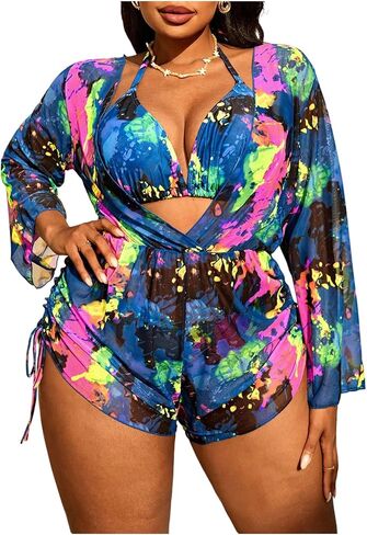 Shenhe Women's Plus Size 3 قطعة مدارية مربعة الرسن المثلث Boho Bikini مجموعات مع التستر in Kuwait